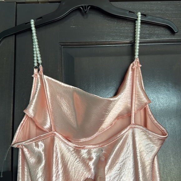 BEBE NWT HAMMERED SATIN COWL NECK PEARL STRAP MAXI DRESS pearl straps Size Large - Picture 6 of 11